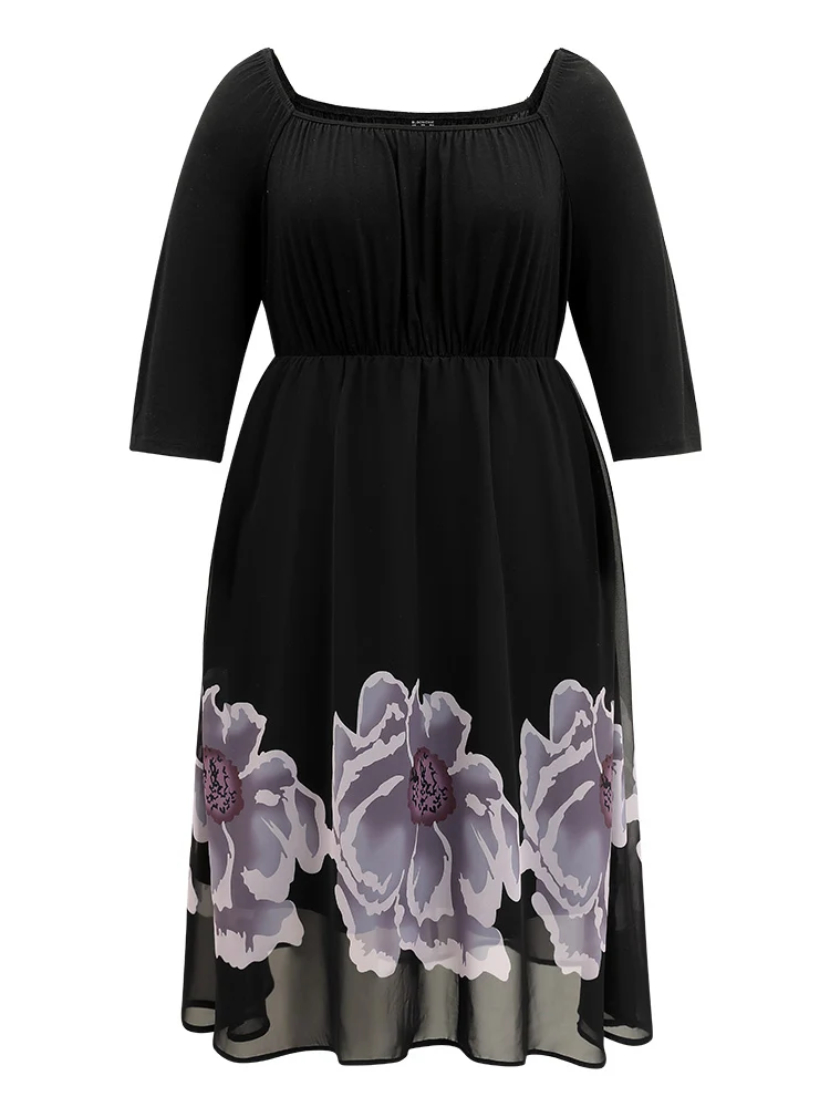 Boho Print Mesh Gathered Square Neck Dress