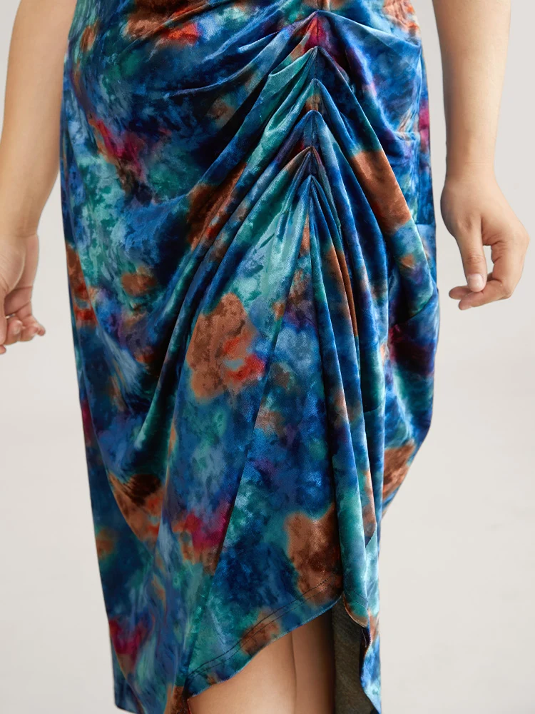 Colored Floral Velvet Cowl Neck Ruched Cami Dress