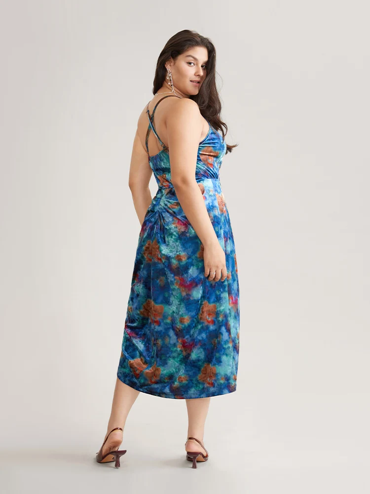 Colored Floral Velvet Cowl Neck Ruched Cami Dress