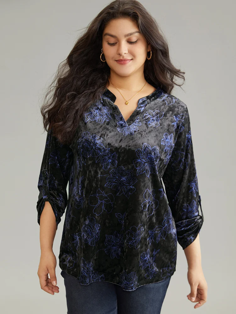 Silhouette Floral Print Notched Roll Tab Sleeve Blouse