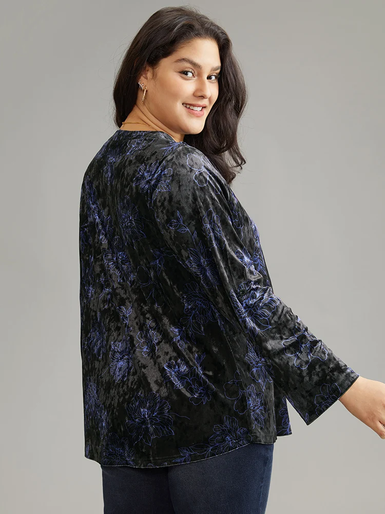 Silhouette Floral Print Notched Roll Tab Sleeve Blouse