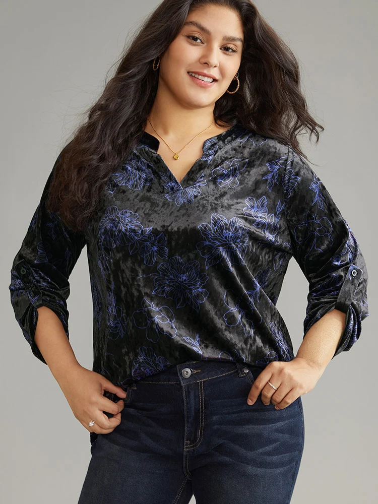 Silhouette Floral Print Notched Roll Tab Sleeve Blouse