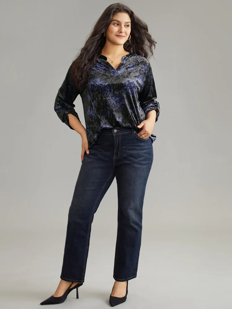 Silhouette Floral Print Notched Roll Tab Sleeve Blouse