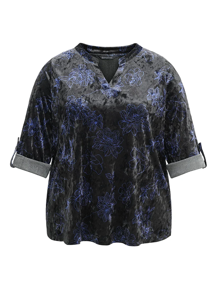 Silhouette Floral Print Notched Roll Tab Sleeve Blouse