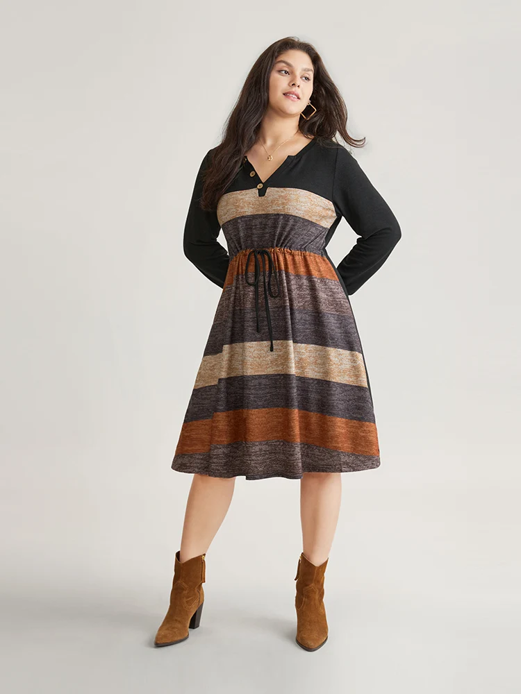 Colorblock Striped Pocket Notched Drawstring Dress
