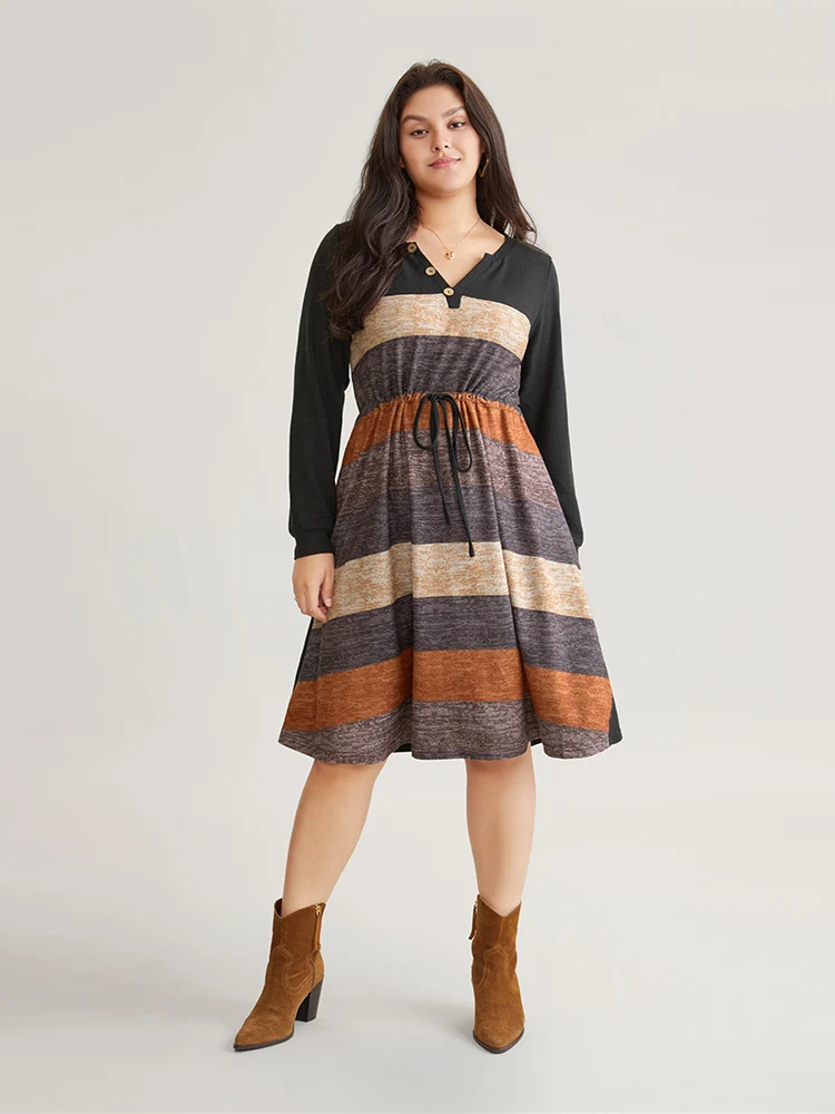 Colorblock Striped Pocket Notched Drawstring Dress