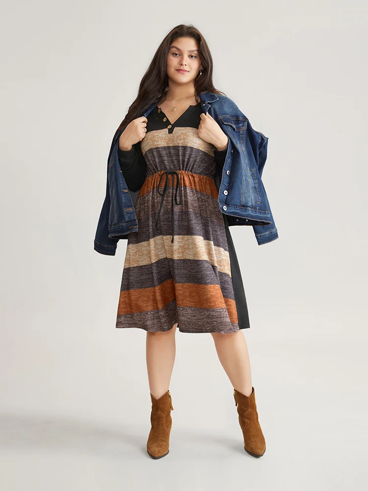 Colorblock Striped Pocket Notched Drawstring Dress