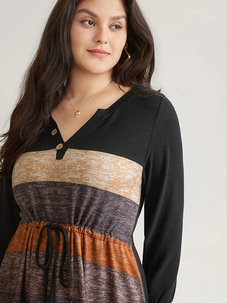 Colorblock Striped Pocket Notched Drawstring Dress