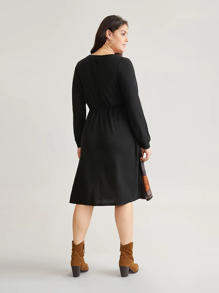 Colorblock Striped Pocket Notched Drawstring Dress