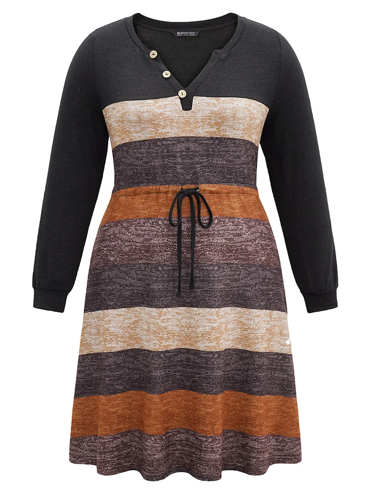 Colorblock Striped Pocket Notched Drawstring Dress
