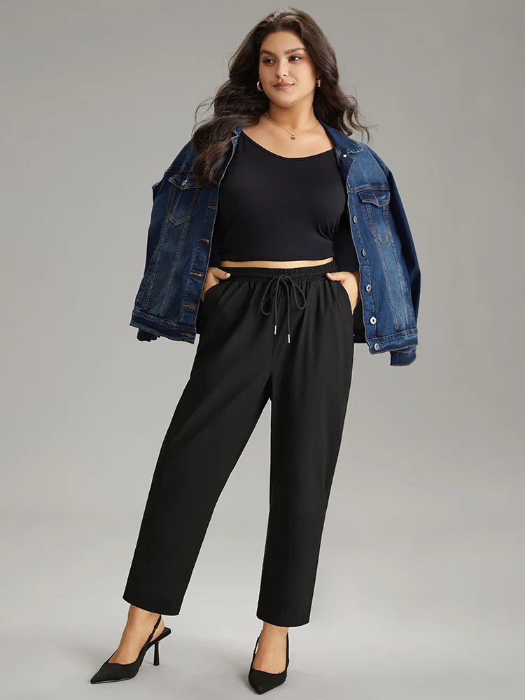 Solid Drawstring Pocket Elastic Waist Pants