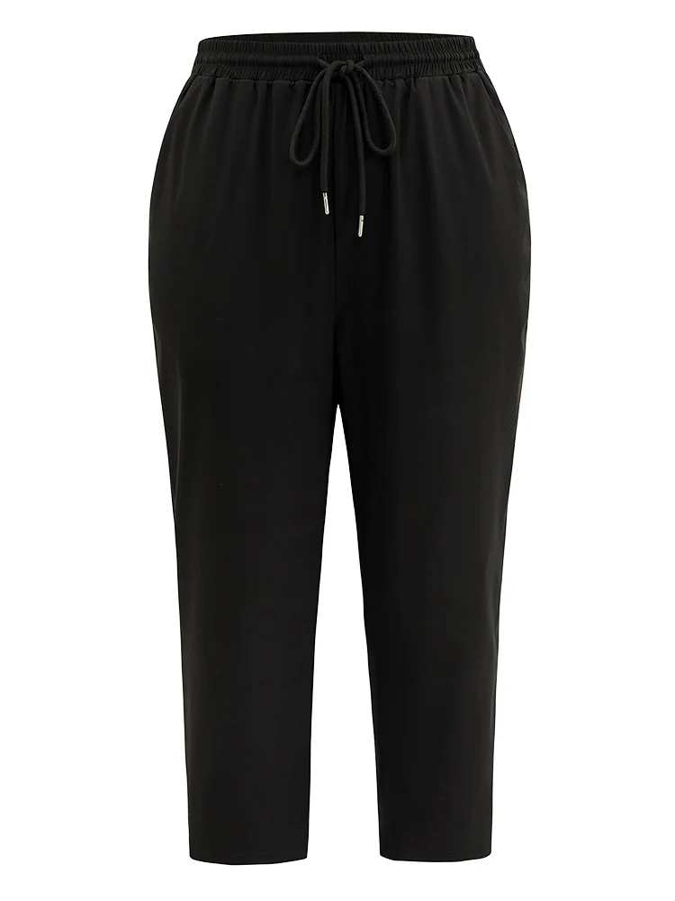 Solid Drawstring Pocket Elastic Waist Pants