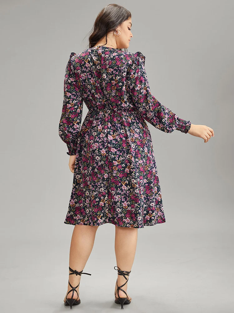 Ditsy Floral Notched Pocket Shirred Cuffs Dress