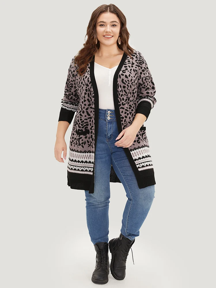 Leopard Print Pocket Contrast Trim Cardigan