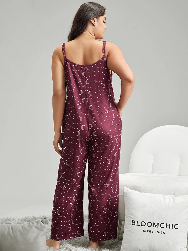 Moon & Star Print Pocket Cami Sleep Jumpsuit