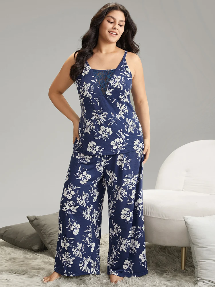 Silhouette Floral Print Lace Panel Cami Sleep Top