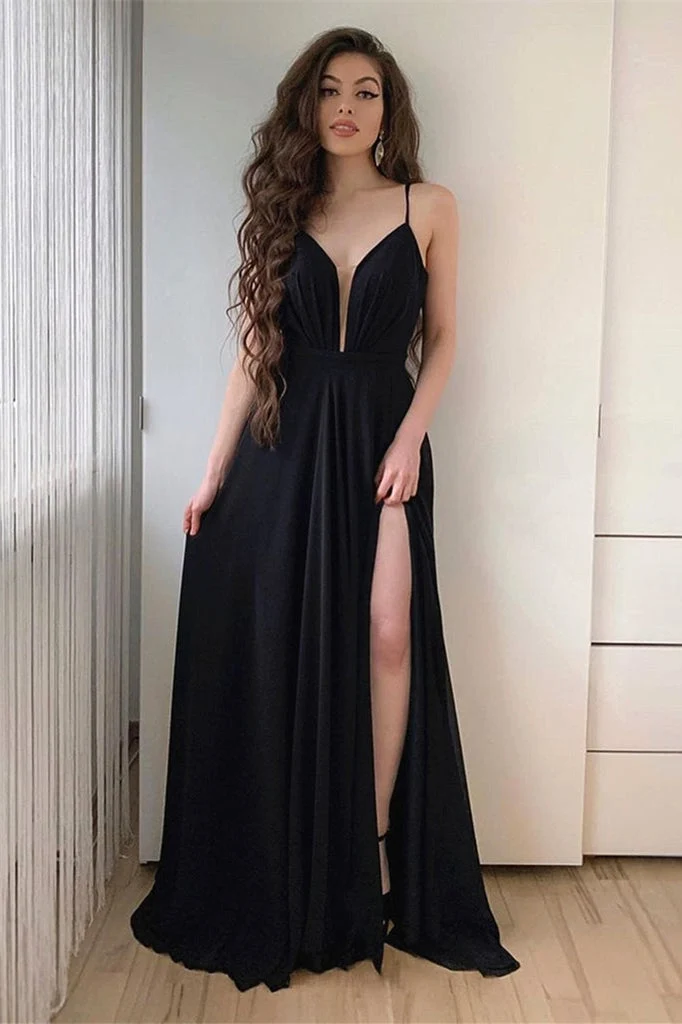 Robe de bal longue noire élégante à bretelles spaghetti et fente audacieuse pour les occasions spéciales
