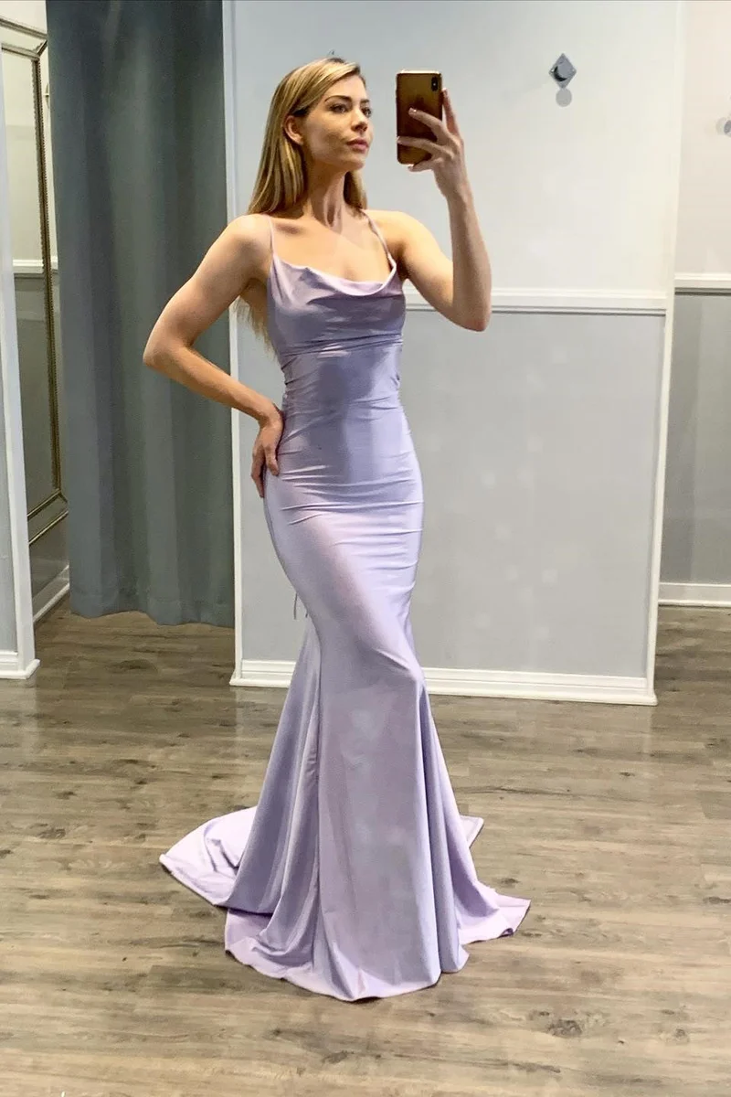 Robe de bal sirène élégante violet clair à bretelles spaghetti pour occasions spéciales