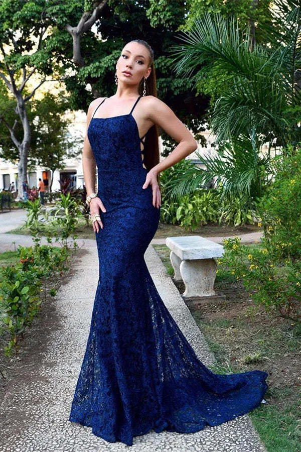 Robe de soirée sirène élégante en dentelle bleu marine : coupe parfaite, design époustouflant, confort ultime
