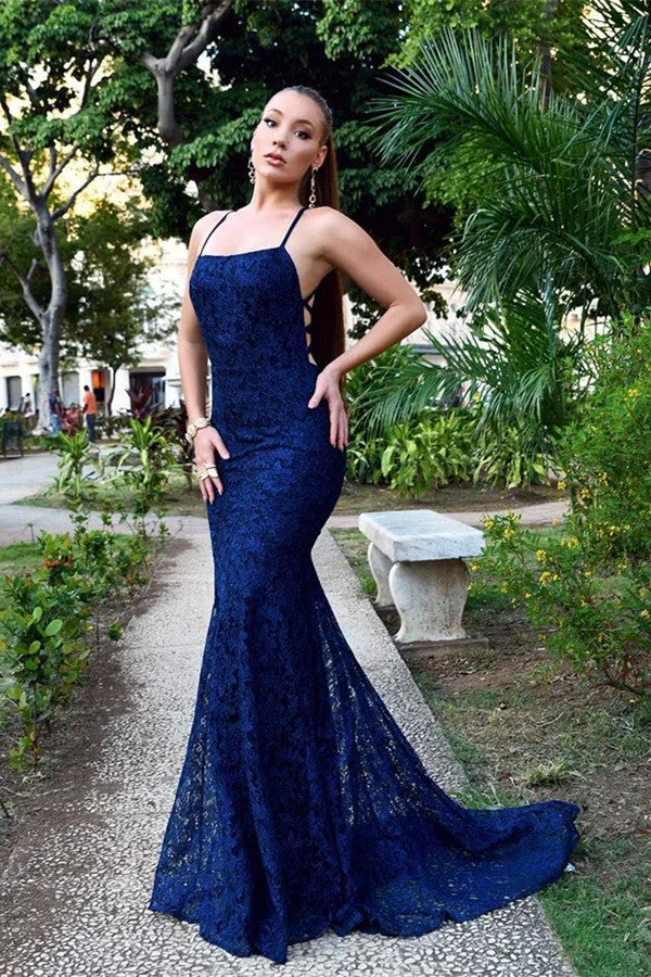 Robe de soirée sirène élégante en dentelle bleu marine : coupe parfaite, design époustouflant, confort ultime