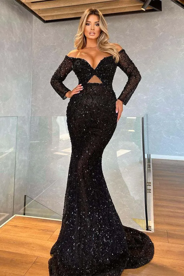 Robe de bal sirène noire élégante à manches longues et col en V avec sequins