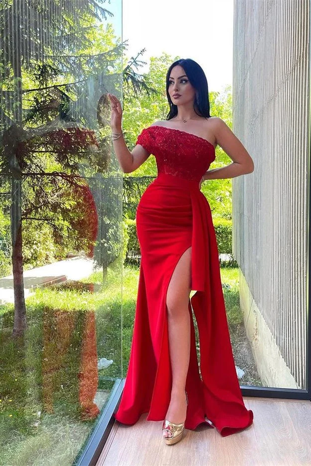Robe de bal sirène rouge élégante à une épaule et sequins, avec fente haute et design sans bretelles