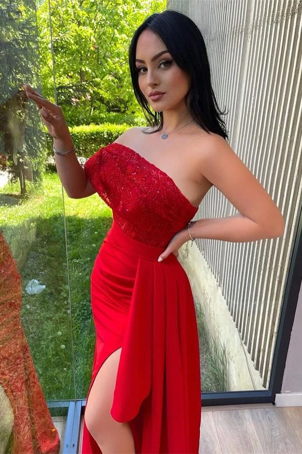 Robe de bal sirène rouge élégante à une épaule et sequins, avec fente haute et design sans bretelles