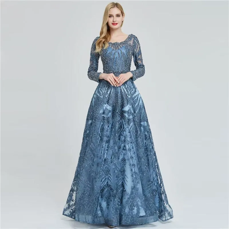 Robe de bal élégante bleu encre à manches longues avec appliques à paillettes, coupe trapèze