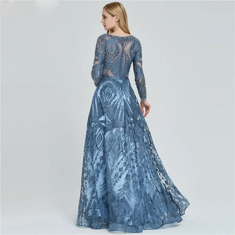 Robe de bal élégante bleu encre à manches longues avec appliques à paillettes, coupe trapèze