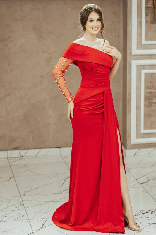 Superbe robe de bal sirène rouge à manches longues et à une épaule avec perles élégantes