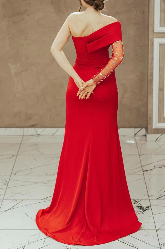 Superbe robe de bal sirène rouge à manches longues et à une épaule avec perles élégantes
