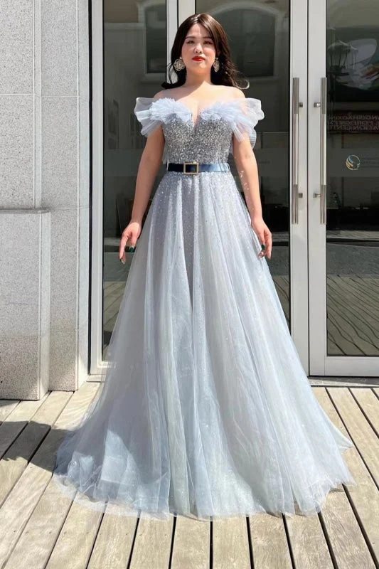 Robe de bal élégante en tulle à sequins, épaules dénudées, avec ceinture et perles