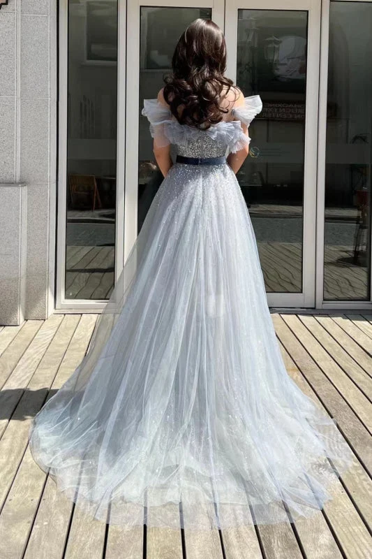 Robe de bal élégante en tulle à sequins, épaules dénudées, avec ceinture et perles