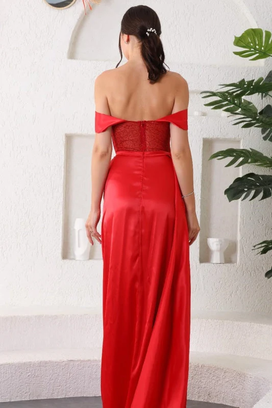 Superbe robe de bal sirène rouge à épaules dénudées et décolleté en cœur avec fente sur la cuisse