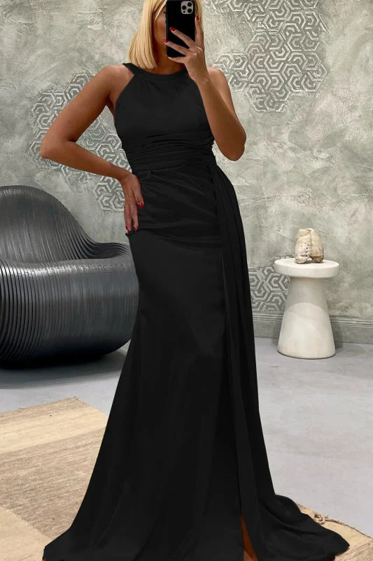 Robe de bal sirène longue et élégante, sans bretelles, avec plis