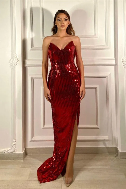 Robe de bal sirène bordeaux élégante à col en V et sequins, coupe flatteuse
