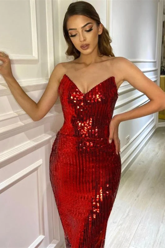 Robe de bal sirène bordeaux élégante à col en V et sequins, coupe flatteuse