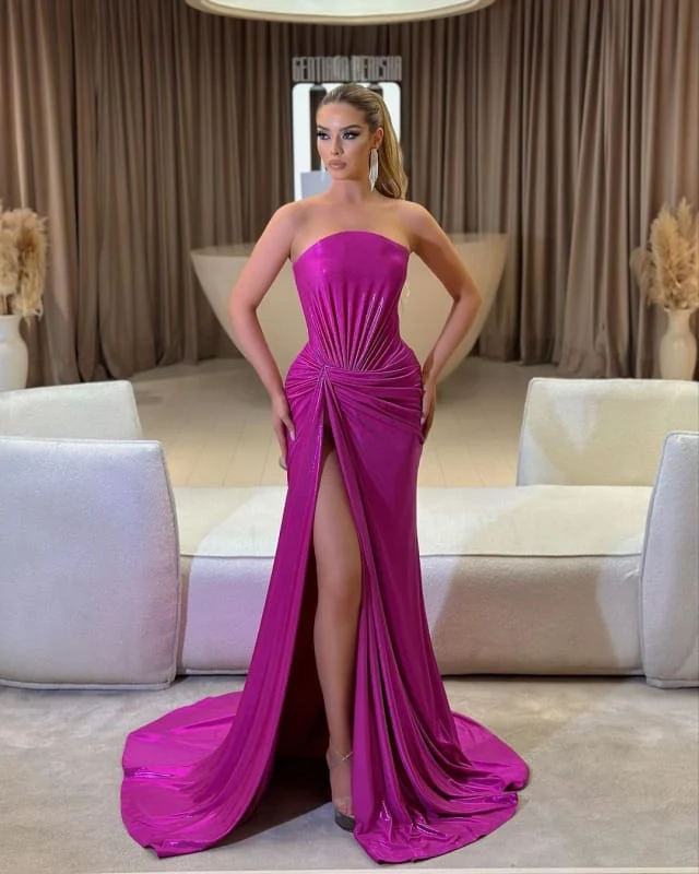 Robe de bal sirène plissée rose élégante sans bretelles avec fente haute