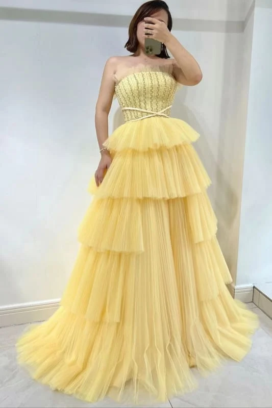 Robe de bal bustier en tulle Daffodil Dreamy : élégante robe sans manches superposée