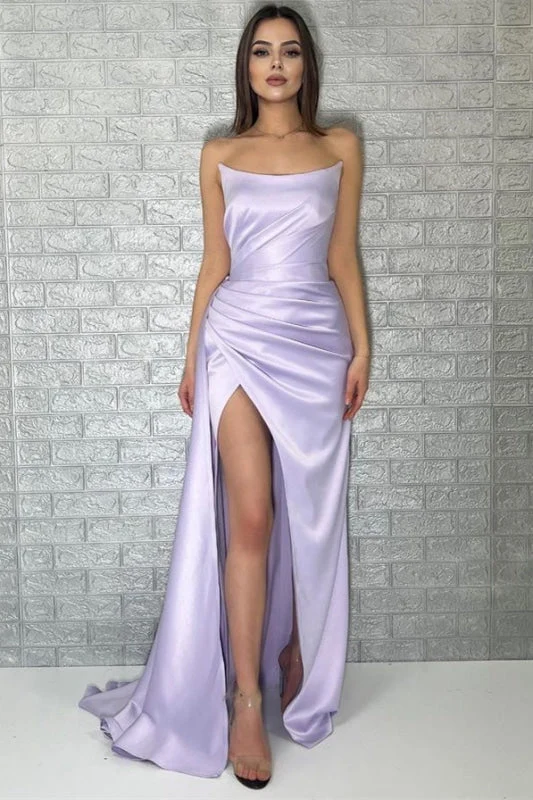 Robe de bal sirène élégante lavande sans manches et bustier avec fente haute