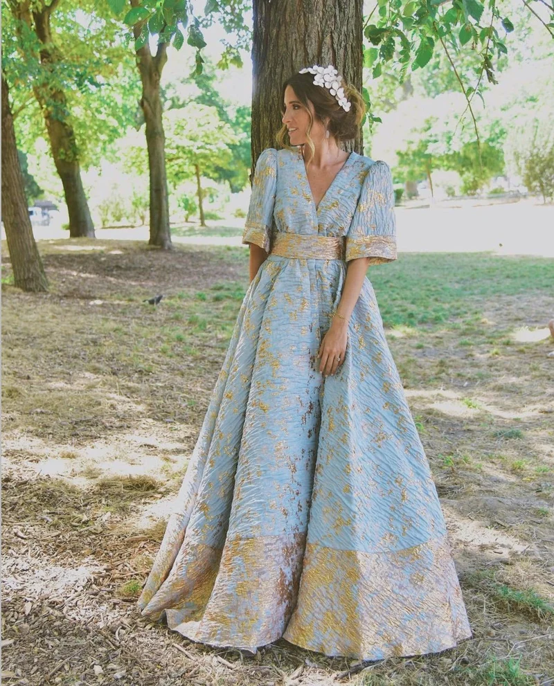 Robe longue jacquard bleu ciel