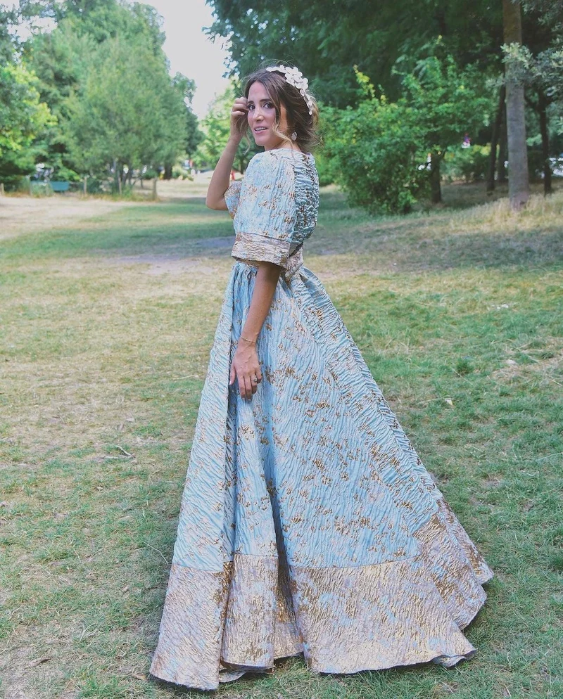 Robe longue jacquard bleu ciel