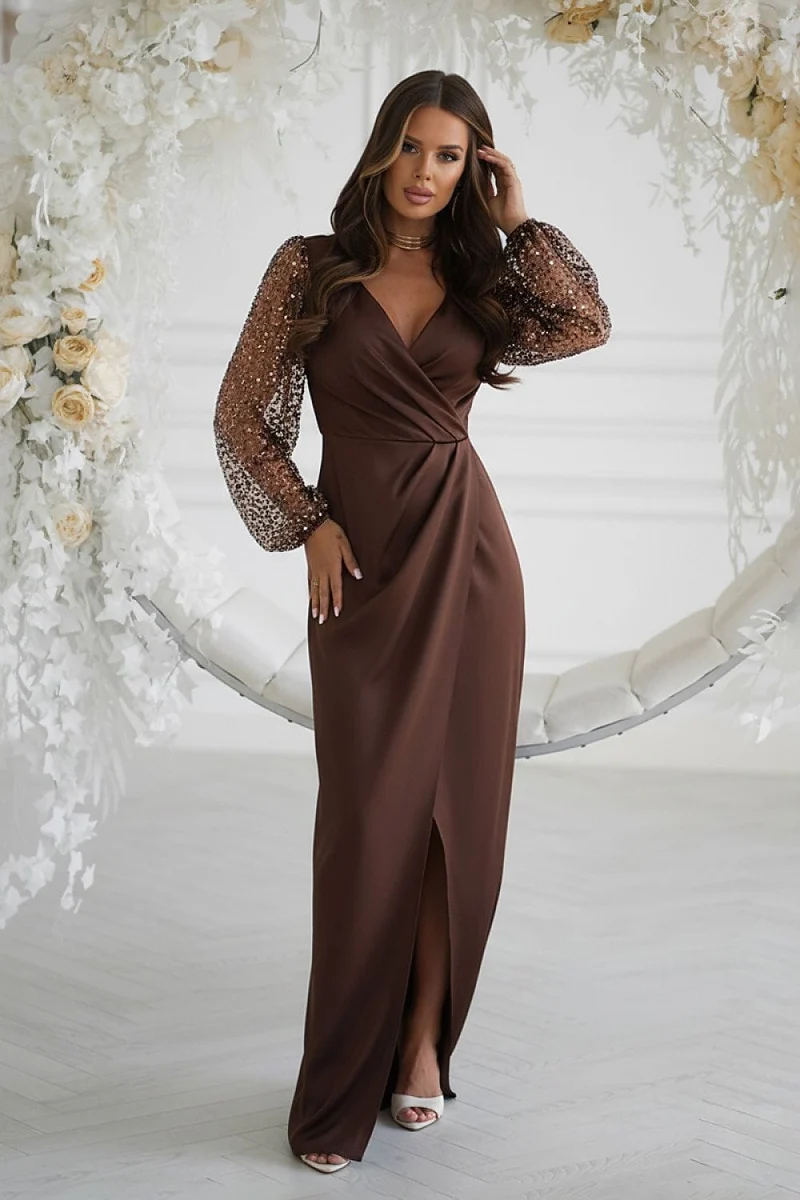 Robe de soirée marron longue manches à paillettes