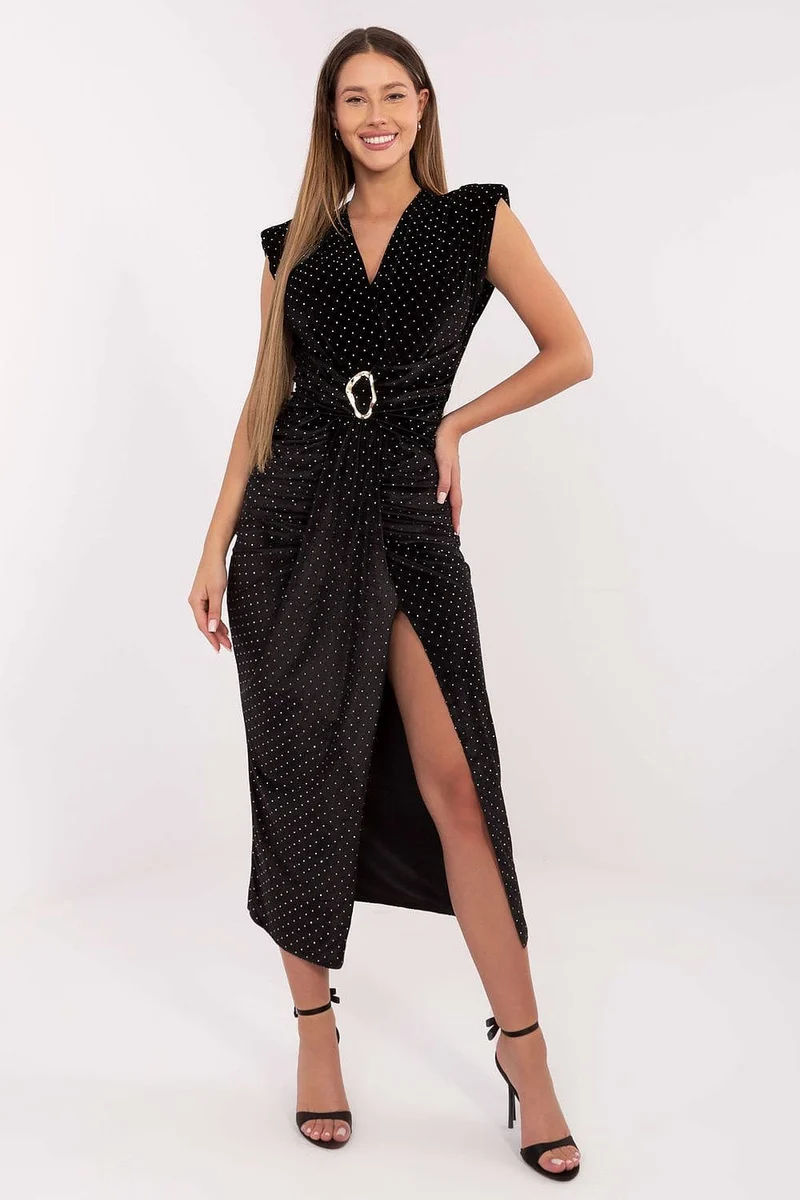 Robe de soirée chic fendue noire midi