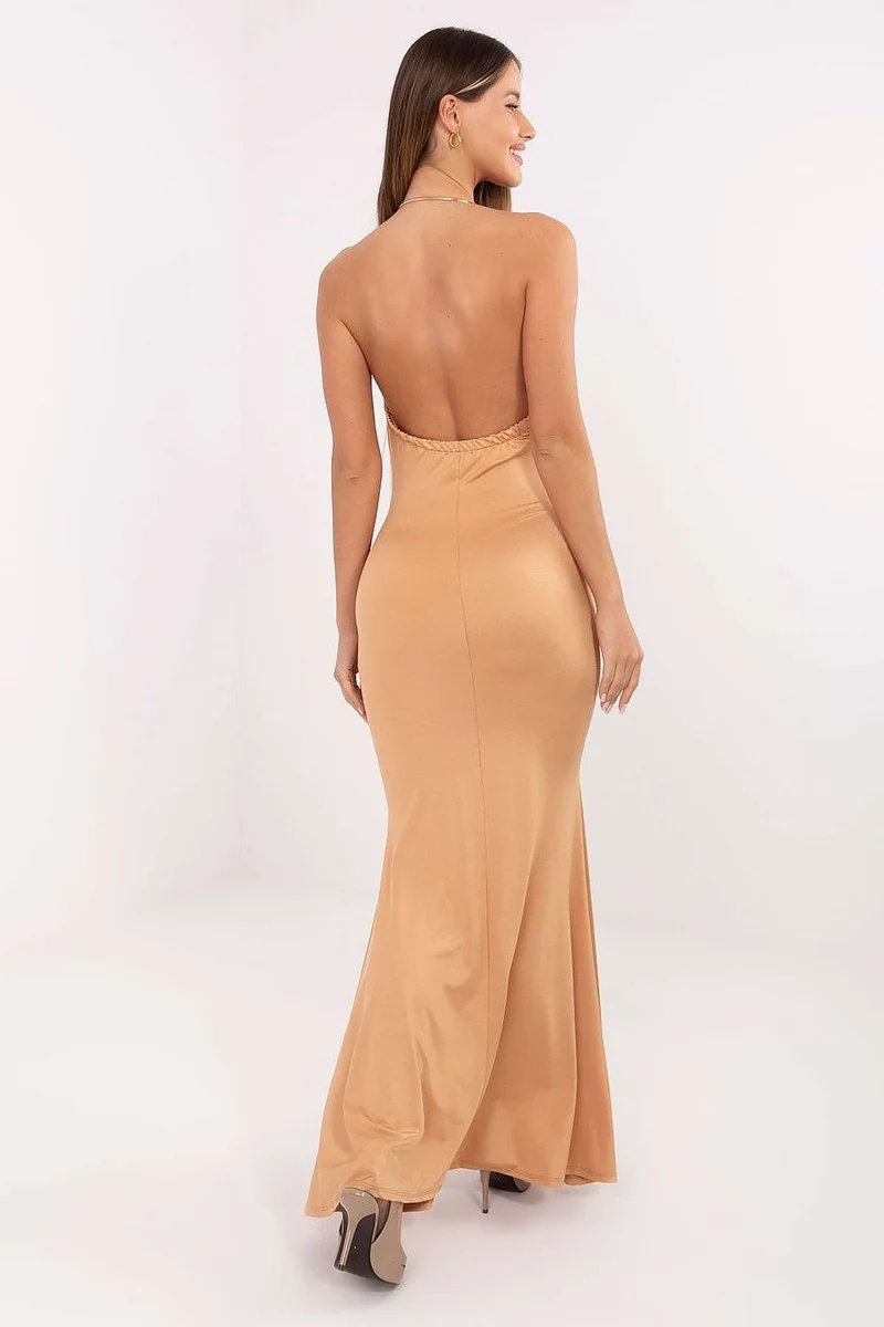 Robe de soirée dorée longue dos nu