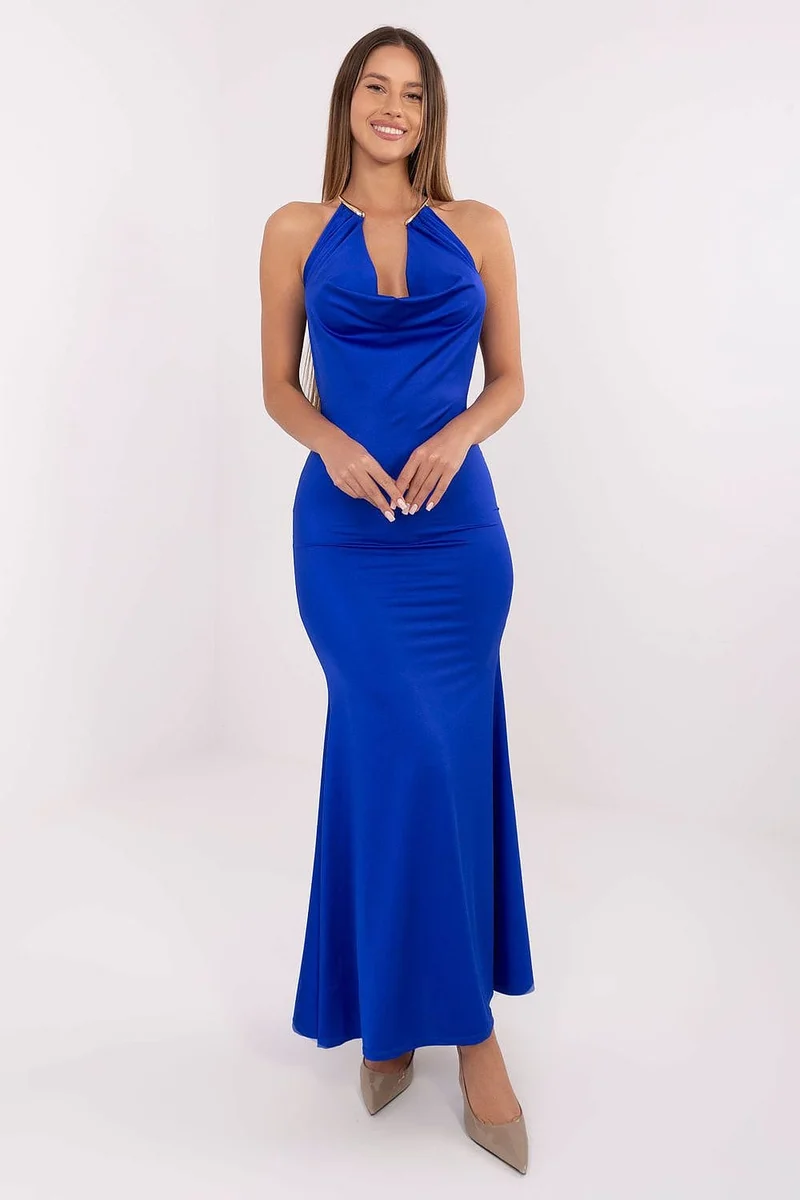 Robe de soirée bleue longue dos nu satinée