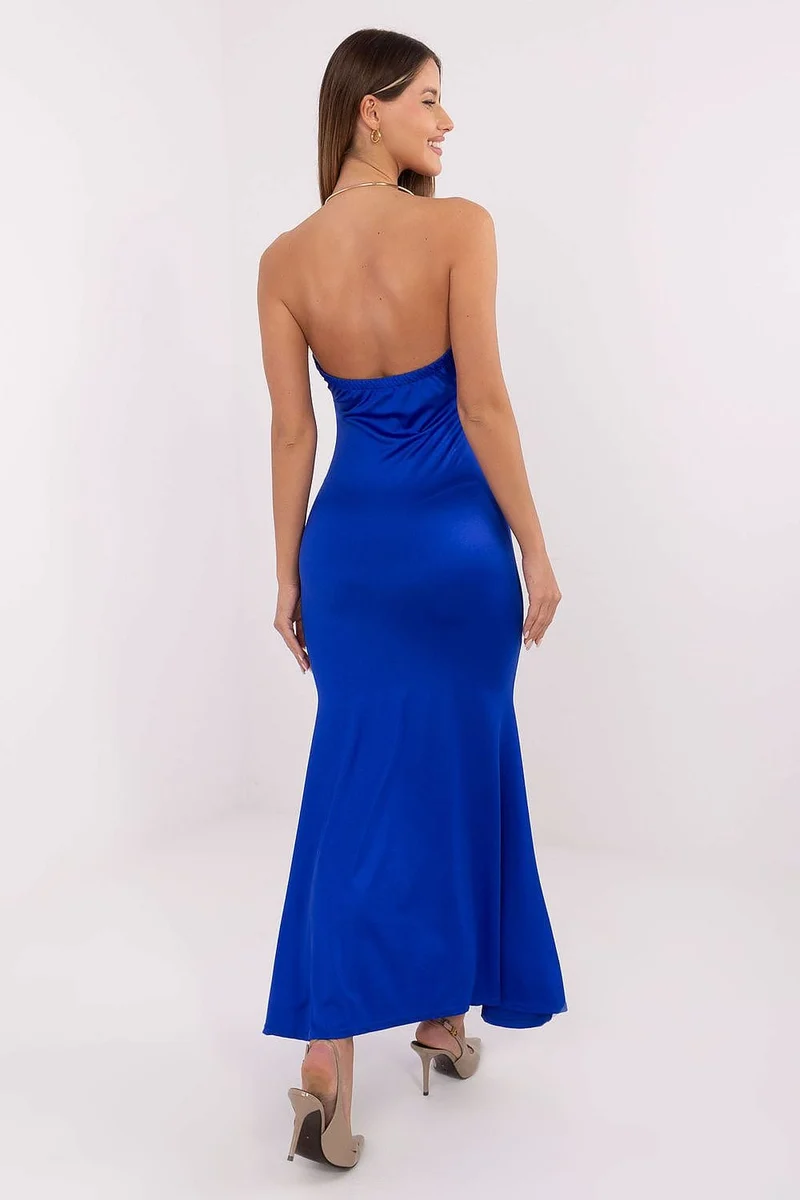 Robe de soirée bleue longue dos nu satinée