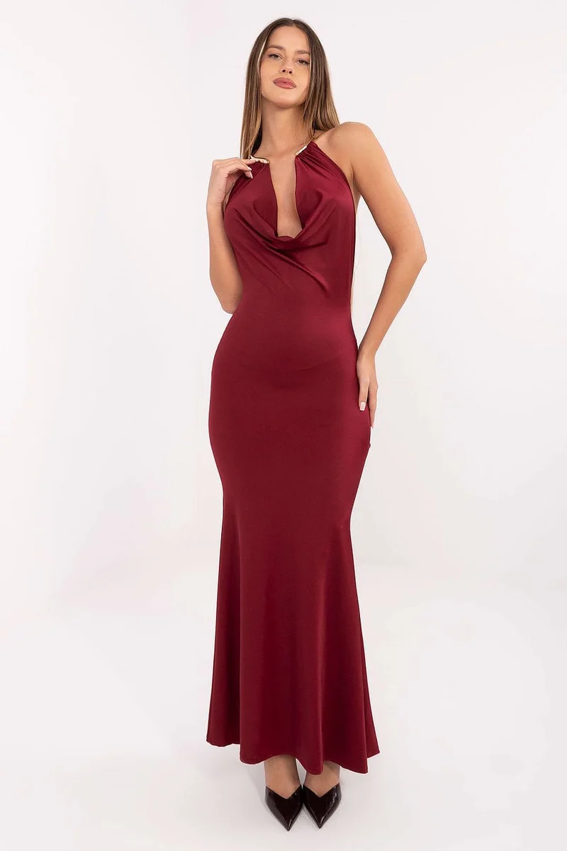 Robe de soirée longue moulante bordeaux sans manches