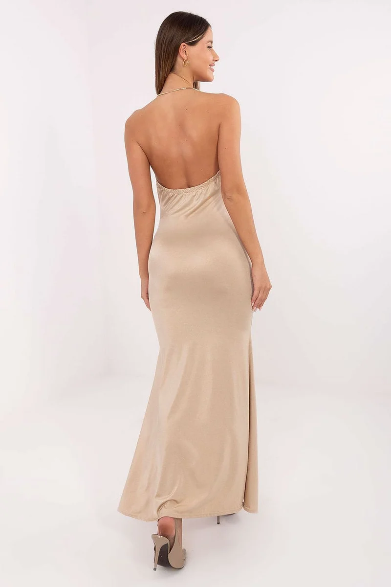Robe de soirée beige longue dos nu