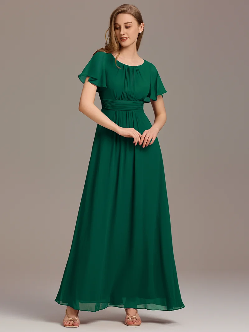 Robe de demoiselle d'honneur trapèze plissée en mousseline de soie simple, encolure ronde